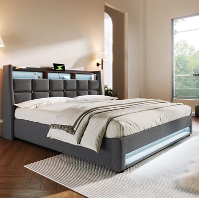 STILVORA Gestoffeerd Bed 180x200 cm – Tweepersoonsbed Met LED-Verlichting & 2 USB-Aansluitingen – Opklapbare Opbergruimte – Zonder Matras – Stof – Grijs