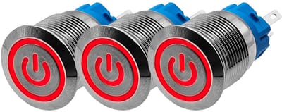 ProRide Drukschakelaar ON-OFF 12V/24V - 19mm Metaal - Waterdicht - LED Ring Rood - 3 stuks