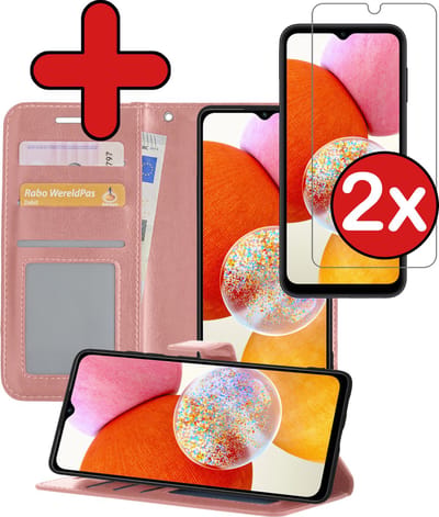 Hoesje - Met 2x Screenprotector - Geschikt voor Samsung Galaxy A14 - Luxe Pasjeshouder - Flip Case - Bookcase Portemonee - Kunstleer Book Case - Flipcase Hoes - Book Cover - Walletcase - Portemonneehoes - Telefoonhoes - Rosé goud