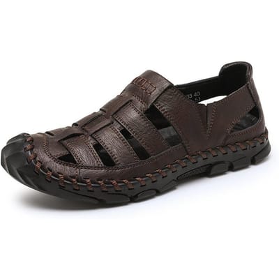 Sandalen Zomer Gesloten Teen Echt Leer Buiten Rijden Heren Zachte Zool Antislip Waden Hol Gat Sport Strand Schoenen 46 black