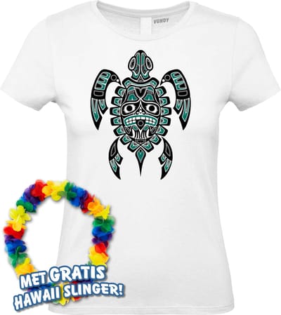 Dames t-shirt Nesian Trible Turtle | Toppers in Concert 2024 | Club Tropicana | Hawaii Shirt | Ibiza Kleding | Wit Dames | maat XS