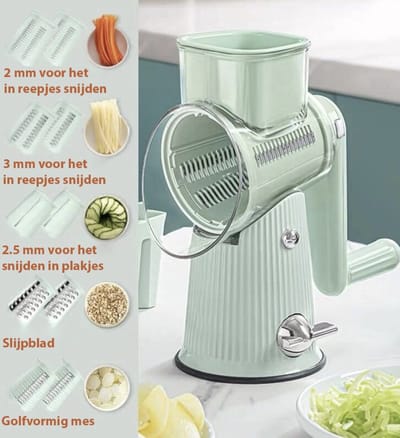 ZYLARO Mandoline - Groentesnijder - Uiensnijder - Multifunctionele Groentesnijder - 5 sets messen Spiraalsnijder - Frietsnijder - Rasp - Instelbaar - Groen - BPA vrij