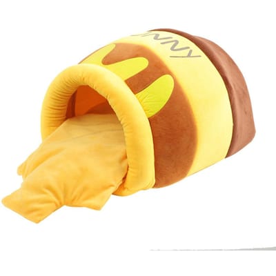 Maison Lit pour Chat Tapis en Peluche Amovible Chats Coussin Quatre Saisons Panier Forme Pot de Miel Lavable en Machine Accessoires pour Animaux de Compagnie jaune