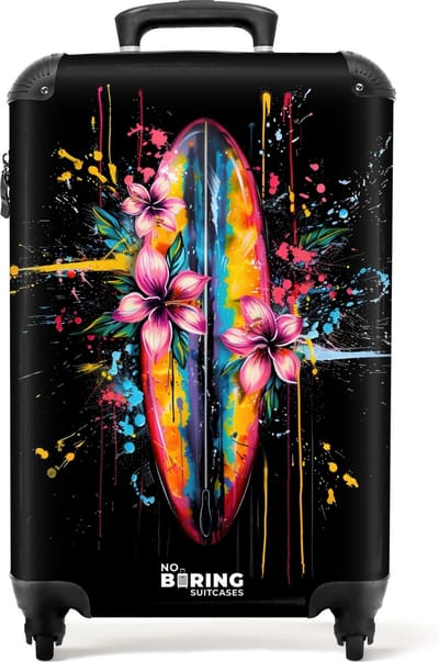 NoBoringSuitcases.com® - Handbagage koffer lichtgewicht - Reiskoffer trolley - Kleurrijk surfbord met bloemen - Rolkoffer met wieltjes - Past binnen 55x40x20 en 55x35x25