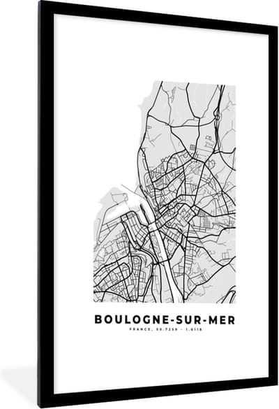 Fotolijst incl. Poster - Frankrijk - Boulogne-sur-Mer - Stadskaart - Plattegrond - Kaart - 60x90 cm - Posterlijst