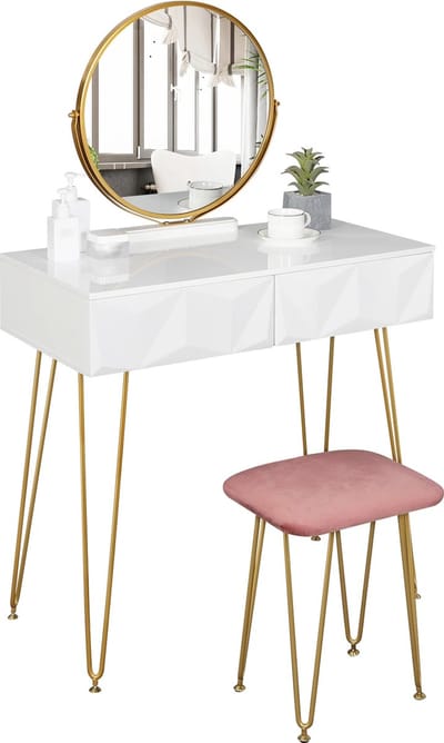 Betaalbare Goederen® Kaptafel - Wit - Goud - 2 Laden - Kaptafel Met Ronde Spiegel - Kaptafels - Met Spiegel - Make-up Tafel