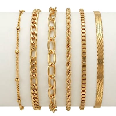 Set van 6 goudkleurige armbanden voor dames met verschillende schakels en structuren – minimalistische dames armbanden set