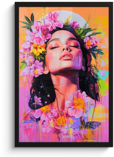 Poster in lijst - Fotolijst 40x60 cm - Posters - Portret - Bloemenkroon - Vrouw - Posterlijst zwart - Decoratie - Wanddecoratie woonkamer - Muurdecoratie slaapkamer