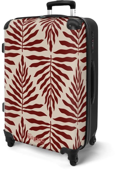 NoBoringSuitcases.com® - Koffer groot - Rolkoffer lichtgewicht - Patroon van bladeren in beige met rood - Vakantie reiskoffer met 4 wielen - Grote trolley XL - Travel suitcase large - 20 kg bagage - Ruimbagage medium met TSA slot