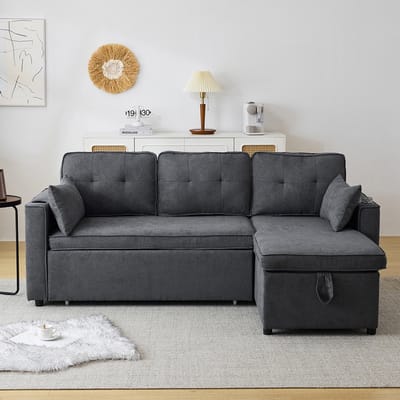 Pugsdrly Slaapbank met slaapfunctie, L-vormige bank, modern design, gestoffeerd meubel, bank, loungestoel met opbergruimte, met bekerhouders, slaapbank voor in de woonkamer, links en rechts verwisselbaar