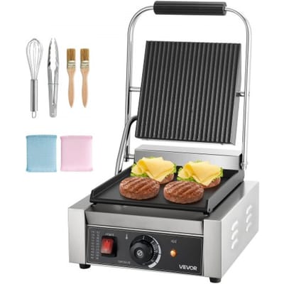 VEVOR Commerciële Contactgrill 1800W Elektrische Grill Sandwich Maker Paninipers Gemaakt van roestvrij staal met handvat en temperatuurregeling, 22 x 23 cm Platte geëmailleerde plaat (enkel), voor hamburger, steak en spek