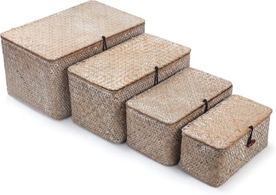 Mand met Deksel, Zeegras Opbergmand, Geweven Manden voor Opslag, Decoratieve Opbergmanden voor Plankorganisatie, Whitewash