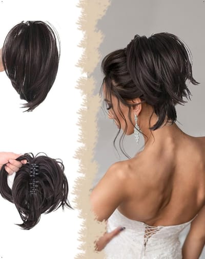 Korte en gladde paardenstaart haarstuk met clip, natuurlijk synthetisch haaraccessoire voor vrouwen en meisjes, zwart en bruin, ideaal voor een warrige knot en volumineuze look