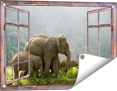 Gards Tuinposter Doorkijk Olifanten Familie in de Jungle - Olifant - 60x40 cm - Tuindoek - Tuindecoratie - Wanddecoratie buiten - Tuinschilderij