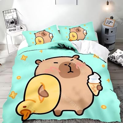 Schattige Cartoon Capibara Dekbedovertrek Kussensloop Beddengoedset Volwassene Jongen Meisje Slaapkamerdecoratie Kinderen Cadeau Eenpersoons Tweepersoons Groot Formaat EU Single 90x200cm