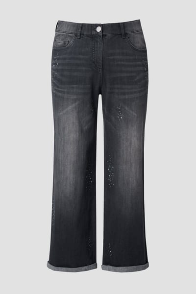 Ulla Popken - Dames - Jeans Mary sierstuds wijde pijpen comfortabele tailleband - Zwart - Maat 21