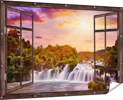 Gards Tuinposter Doorkijk Watervallen in het Bos - 180x120 cm - Tuindoek - Tuindecoratie - Wanddecoratie buiten - Tuinschilderij