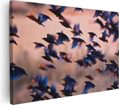 Artaza Canvas Schilderij Vogelzwerm - 30x20 cm - Klein - Wanddecoratie Vogels - Muurdecoratie Woonkamer - Kamer Accessoires