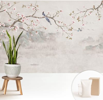 Wallfluent Behang - Oosters landschap Vliesbehang - 208x146 cm - Beige Behang - Voor liefhebbers van moderne abstracte kunst - Behang Voor de woonkamer, slaapkamer en kantoor - Wanddecoratie Bloemen en planten
