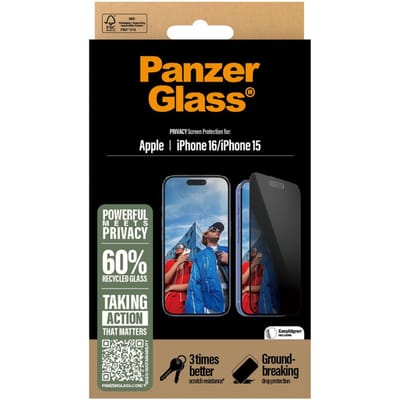 PanzerGlass Screenprotector geschikt voor Apple iPhone 16 Glazen | PanzerGlass Ultra-Wide Fit Privacy Screenprotector Privacy - Case Friendly - Zwart