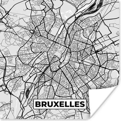 Poster België – Bruxelles – Stadskaart – Kaart – Zwart Wit – Plattegrond - 100x100 cm XXL