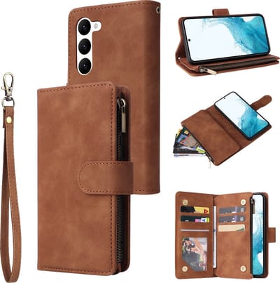 YPCd Wallet Case Pasjeshouder met Rits – Geschikt voor Samsung Galaxy S23 – Luxe Bookcase Hoesje met 6 Pasjesvakken & Polsbandje – Bruin