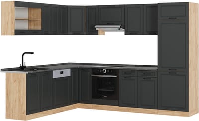Vicco Hoekkeuken R-Line, Antraciet landhuis/Goudkleurig Eiken, 287 x 227 cm, WB Antraciet