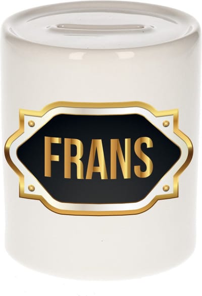 Spaarpot met voornaam Frans - wit - met goud/zwart embleem - 8 x 9 cm - keramiek - met afsluitdop - cadeau verjaardag