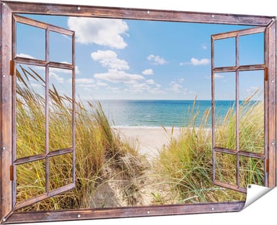 Gards Tuinposter Doorkijk Strand en Zee vanuit Duinen - 180x120 cm - Tuindoek - Tuindecoratie - Wanddecoratie buiten - Tuinschilderij