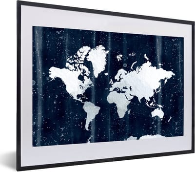 Poster in lijst - Fotolijst 60x40 cm - Posters - Wereldkaart - Wit - Blauw - Posterlijst zwart - Decoratie - Wanddecoratie woonkamer - Muurdecoratie slaapkamer