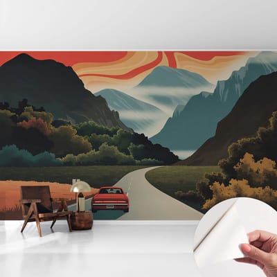 Coloray Zelfklevend Behang - Bergavontuur Zelfklevend fotobehang - 416x254 cm - Oranje Zelfklevend Behang - Voor de woonkamer, slaapkamer en kantoor - Plakklare achterzijde - Stickerbehang op rol