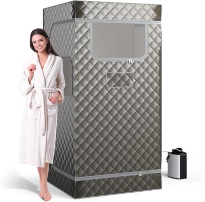 COSTWAY Stoomsauna, thuissauna voor thuis, full-body saunabox met 3-liter stoomgenerator, afstandsbediening, voetmassageapparaat en klapstoel, draagbare saunatent 91 x 91 x 183 cm (grijs)