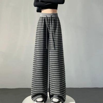 Retro ijszijde gestreepte wijde pijpen broek voor dames in de lente en zomer nieuwe hoge taille trekkoord losse rechte broek gebreide casual broek 3XL gray