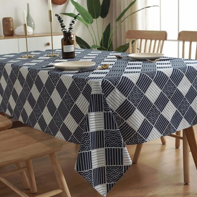 Japanse Stijl Retro Golfpatroon Katoen en Linnen Tafelkleed Blauw Geometrisch Ruitpatroon Gedrukt Koffiehanger Thee Tafel Onderlegger 90cm X 150cm