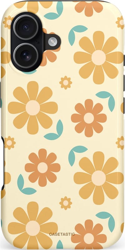 Casetastic hoesje geschikt voor Apple iPhone 17 - MagSafe - Dubbellaagse bescherming - Flower power Retro Bloemen - Geel - Oranje - Blauw - Fashion Case - Crème Goud Perzik