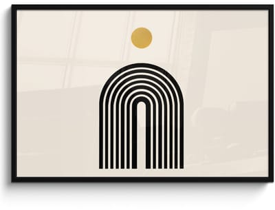 Poster in lijst - Fotolijst 120x80 cm - Posters - Minimalistisch - Zwarte boog - Gouden cirkel - Posterlijst zwart - Decoratie - Wanddecoratie woonkamer - Muurdecoratie slaapkamer
