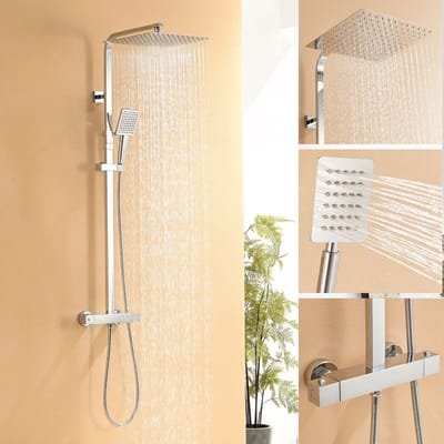 Auralum Regendouche met Thermostaatkraan - Chroom Doucheset- Regendoucheset - Handdouche - 2-functie doucheset met vierkante 12" hoge douchekop - instelbare hoogte 90-116cm