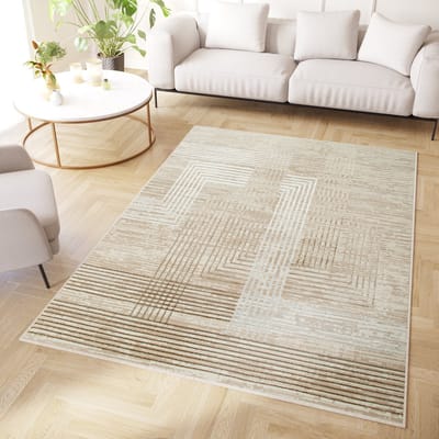 Tapiso Crystal Vloerkleed Beige Creme Lijnen 3D Effect Tapijt Maat- 80x150