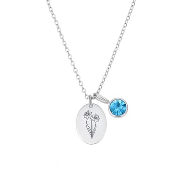 Ovale Geboortebloem Ketting met Geboortesteen Zilver