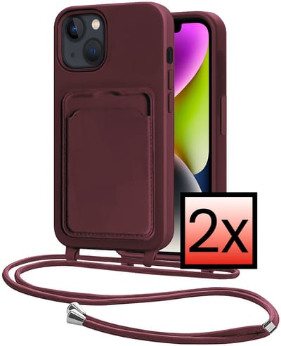 Hoes Geschikt voor iPhone 14 Plus Hoesje Pasjeshouder Cover Met Koord Case Siliconen Hoes Met Telefoonkoord en Kaarthouder - Aubergine - 2 PACK