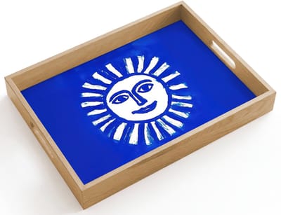 Dienblad hout 40x30 cm - Schootdienblad - Zon - Gezicht - Penseelstructuur - Blauw - Borrelplank rechthoek - Plateau dienbladen