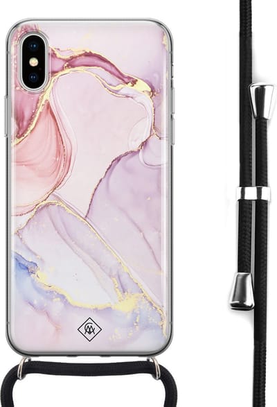 Casimoda® hoesje met koord - Geschikt voor iPhone Xs - Marmer roze paars - Afneembaar koord - Siliconen/TPU - Paars