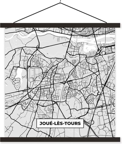 Posterhanger incl. Poster 60x60 cm - Schoolplaat - Joué-lès-Tours – Plattegrond - Frankrijk – Kaart – Stadskaart - Textielposter - Zwarte latten - Stadskaart