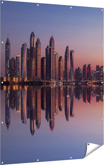 Gards Tuinposter Skyline Dubai Stad bij Zonsondergang - 120x160 cm - Tuindoek - Tuindecoratie - Wanddecoratie buiten - Tuinschilderij