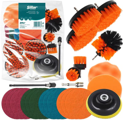 Sillar, set 23 stuks boorborstel, polijstsponzen, schoonmaakborstel, schrobborstel, opzetstuk voor velgen, tegels, keuken, auto, zwembadtegels, universeel