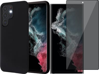 Hoesje geschikt voor Samsung Galaxy S22 Ultra - Matte Back Cover Microvezel Siliconen Case Hoes Zwart - Tempered Glass Privacy Screenprotector