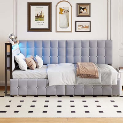 Pugsdrly 90 X 200 Gestoffeerde slaapbank, gestoffeerd bed met 2 lades en LED-nachtlampje, USB- en type C-aansluiting, multifunctioneel bootbed voor kinderen, grijze eenpersoonsslaapbank