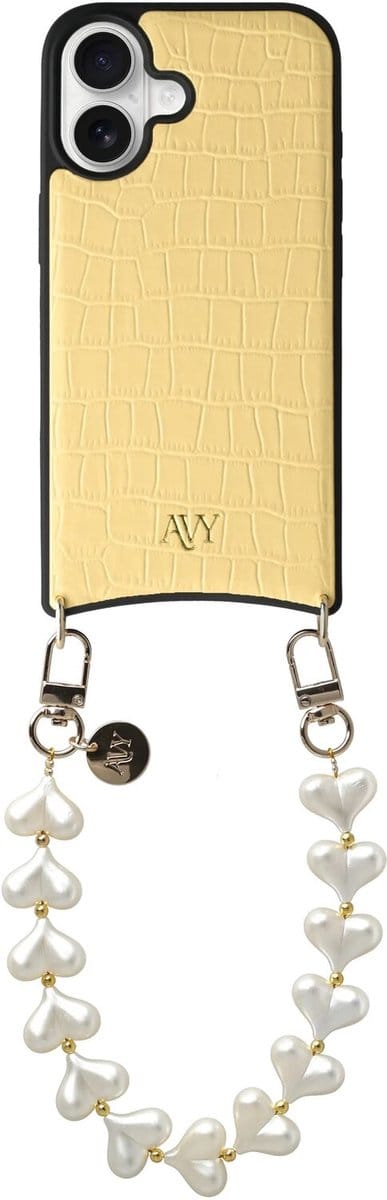 AVY Leren Hoesje Geschikt voor Apple iPhone 16 | Compatibel met MagSafe | Leather Case met Telefoonkoord | Polsband | Croco Geel | Cupid Pearl