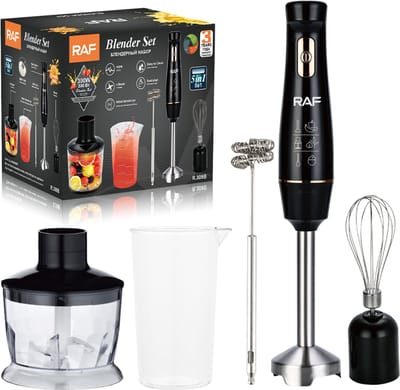 RAF - Staafmixer Set - 5-in-1 - Hand Blender - Elektrische Handmixer - Klopper - Staafmixer - BPA-vrij - Extreem Krachtig - Hakmolen - Garde - Maatbeker - Mengstaaf - Ook voor IJsklontjes - Complete Set - Melkopschuimer - Foodprocessor
