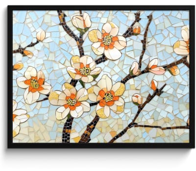 Poster in lijst - Fotolijst 70x50 cm - Posters - Bloesems - Wit - Mozaïek - Tak - Posterlijst zwart - Decoratie - Wanddecoratie woonkamer - Muurdecoratie slaapkamer